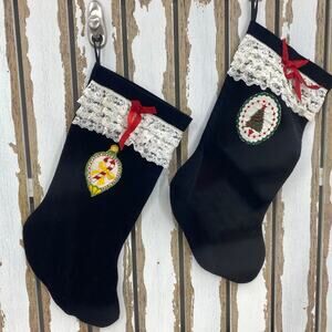 Vintage Velvet Christmas Stockings Lace Smocked Cuffs Patch Emblems